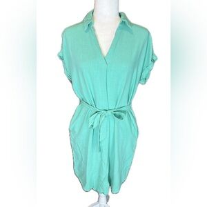 Staccato teal green short sleeve button down linen shirt dress with belt L
